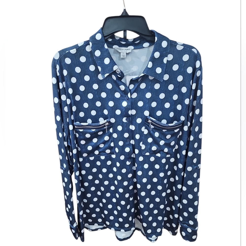Sabrina Lauren Polka Dot Blouse NWT SZ L Denim/white